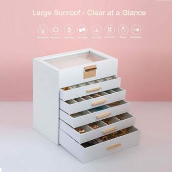 BOOVO Women's Jewelry Box -6-Layer Large Capacity Jewelry Storage Box - Transparent Lid For Displaying Jewelry -5 Drawers For Sorting - Suitable Storage Box For Rings, Necklaces, And Bracelets - Soft Velvet Lining - Artificial Leather Storage Box