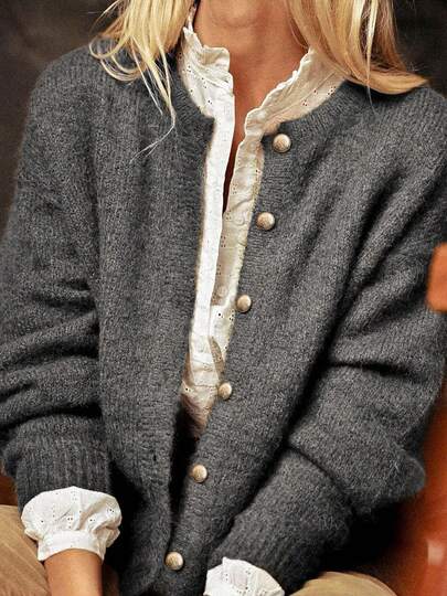 女士纯色圆领单排金属纽扣罗纹长袖宽松休闲针织开衫