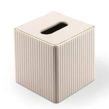 Gold-Edged Square Vertical Striped Tissue Box - Fashionable Cubic Tissue Box Holder, Magnetic Bottom, Decorative PU Tissue Box Suitable For Vanity, Nightstand, Desk, Kitchen Counter, Home Office, Car (Milk Tea Color) - Multicolor - View 14