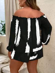 Plus Size Stylish Off Shoulder Blouse And Shorts Set With Colorblock Stripe Print Long Bishop Sleeves And Frill Details, Fall Clothes For Women, Halloween Costumes - 黑色 - 查看 2