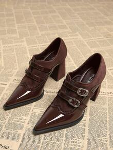 2025春季新款尖头低帮高跟鞋优雅简约时尚女鞋黑色系带布洛克雕花骑士风英伦风粗跟浅口鞋 - 酒紅色 - 查看 2
