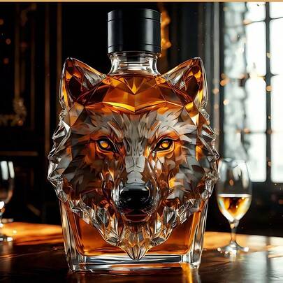 1pc 300ml Wolf Crested Whiskey Glass Bottle - Unique Wolf Head Design With Amber Liquid, Perfect For Anniversaries & Special Occasions, Whiskey Bottle