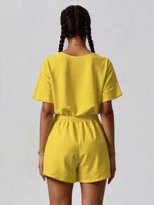 Mono corto sexy informal de unicolor con escote en V o pico profundo y media manga de murciélago para mujer, con bolsillos y detalle de cordón - Amarillo - Ver 3