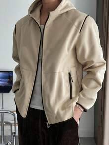 男士纯色学院风拉链连帽衫，左右上下拉链口袋，100% 涤纶，长袖带口袋，休闲日常穿着，宽松版型，无弹力针织面料，秋冬 - 杏色 - 查看 1