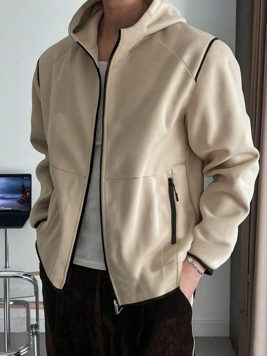 男士纯色学院风拉链连帽衫，左右上下拉链口袋，100% 涤纶，长袖带口袋，休闲日常穿着，宽松版型，无弹力针织面料，秋冬 - 杏色 - 查看 1