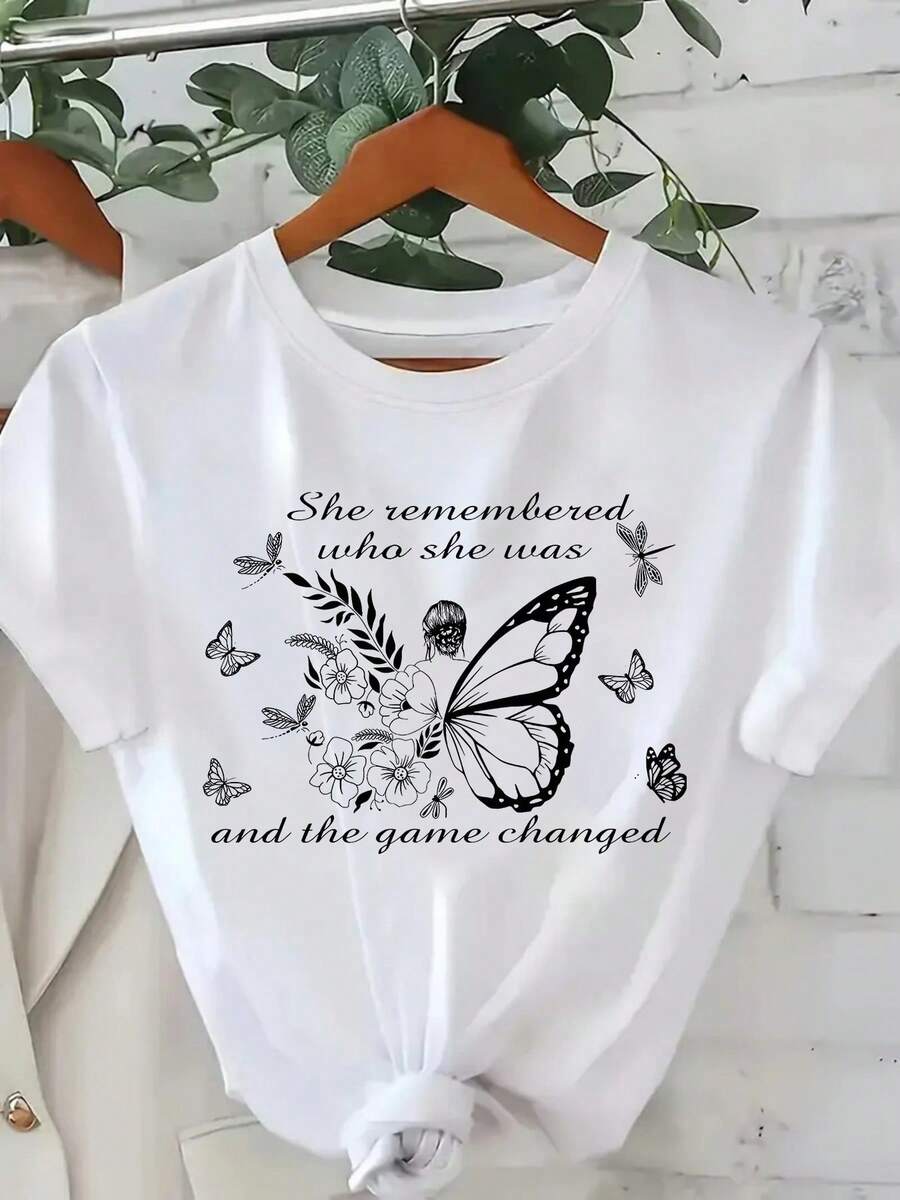 Ladies' 220g pure cotton T-shirt with butterfly floral letter pattern, floral style, soft and breathable in autumn, moisture wicking, Halloween is coming strong, popular and trendy T-shirt recently, suitable for casual wear, the best gift choice - Blanco - Ver 1