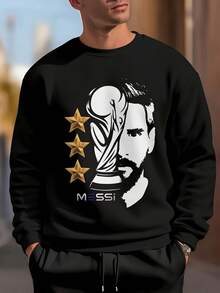 Men'S Black Messi Trophy Graphic Sweatshirt - Casual Crew Neck Pullover With Golden Stars & Ball Design, Loose Fit For Fall & Winter, Sporty Pullover | Celebrity Graphic Shirt | Comfortable Fit, Messi Soccer Shirt - màu đen - Xem 2