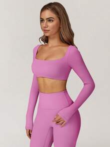 Yefecy Women's 2 Pieces Workout Set Long Sleeve Crop Top & High Waist Leggings, Quick-Dry Yoga Gym Running Suit, Fall Activewear 2025 - 玫紅色 - 查看 3