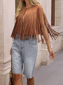 Vintage Bohemian Western Cowgirl Fringed Suede Sleeveless Loose Music Festival/Date/Vacation Blouse For Women