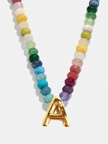 1pc Bohemian Style Colorful Natural Stone Beaded 26 Letter Copper Pendant Necklace, Suitable For Daily, Vacation, Travel, Casual Wear, Fashion Jewelry Gift For Family And Friends