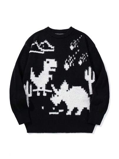 Suéter casual americano com estampa de dinossauro, gola redonda, unissex, modelagem solta, manga longa, moderno, versátil, ideal para outono e inverno.