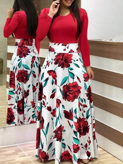 Vestidos de mangas largas noche vestido largo con estampado floral descubiertos elegantes moda para mujer, Elegante vestido largo de con estampado floral, corte en A