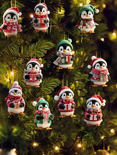 20pcs/10pcs Cute Christmas Penguin Wooden Decorations, Equipped With Various Holiday Costumes And Hats, Dog Patterns - Suitable For Christmas, New Year, Valentine's Day Tree And Home Decoration, Small Christmas Ornaments, Christmas Pendants