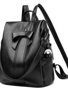 This Black Backpack Perfectly Combines Minimalist Design With Practical Functionality. The Front Is Adorned With A Delicate Bow, Adding A Touch Of Sweetness. - Black - View 2