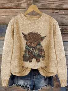 Farbblock Katzendruck Locker Lässig Strick Pullover