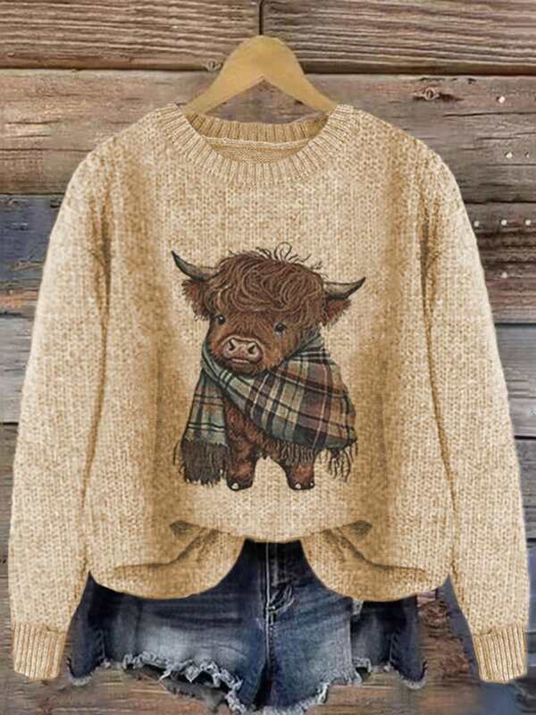 Colorblock Cat Print Loose Casual Knit Pullover Sweater