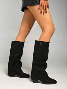 Black Striped Buckle Shaft Boots, High Chunky Heel Round Toe Slip-On, Versatile Elegant Boots For Vacation, Mid-Calf Boots, Fall, Winter, Autumn, Party, Music Festival,Knee High Boots - Black - View 6