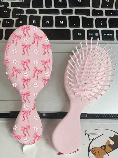 蝴蝶花朵印花迷你气垫按摩梳，可爱儿童/女孩款（梳齿颜色随机）图案随机分布