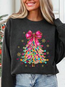 Howell Damen Weihnachts Rundhals Langarm Pullover Sweatshirt mit fröhlichem Gänse-Muster für Winterwärme, Weihnachtsbaum Schleife Shirt, - Dunkelgrau - Übersicht 2
