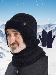 2/3件秋冬季男士耳套针织帽围脖套装，内衬抓绒加厚防寒保暖套装，适合骑行、通勤、聚会等场合。护颈，防风保暖帽子，针织帽，围脖，手套，秋冬保暖套装，男士帽子 - 彩色 - 查看 9