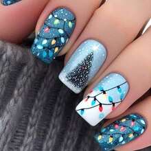 Christmas Press On Nails Blue Glossy Winter Christmas Colorful Lights Fake Nails With Designs Christmas Tree Snowflake Acrylic Nails Full Cover Medium Square Stick On Nail For Women Girls 24 Pcs - 風格 18 - 查看 2
