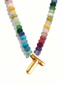 1pc Bohemian Style Colorful Natural Stone Beaded 26 Letter Copper Pendant Necklace, Suitable For Daily, Vacation, Travel, Casual Wear, Fashion Jewelry Gift For Family And Friends