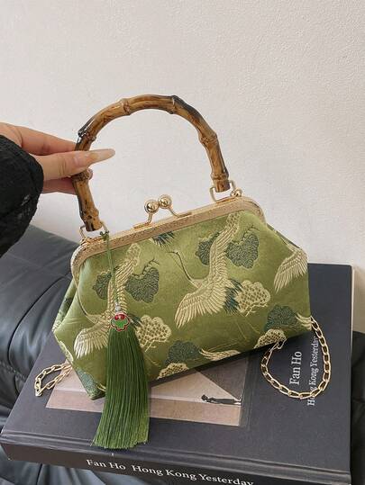 حقيبة يد واحدة من الساتان الأخضر ذات نقشة الكرانيش الفاخرة بنمط الكرانة، حقيبة تسوق ذات مقبض من البامبو بطراز تشونغسام الراقي، حقيبة أنيقة بطابع عطلة نسائي أنيق مع علاقة شرابة (نمط الزهور عشوائي)