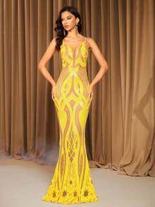 黄色深V领亮片露背长款晚礼服（前上半部分，后背随机花卉图案，位置不匹配） - 黃色 - 查看 3