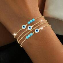 Hypoallergenic, Delicate Style, Golden Evil Eye & Turquoise Multi - Layer Bracelet, Daily Wear & Date Matching For Fall And Winter, Valentine's Day Gift, For Lover, Claim My Daily Gift, Local Warehouse, - vàng 3 chiếc - Xem 2