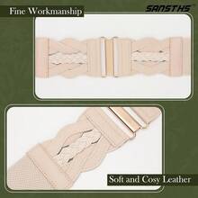 Vintage Stretchy Wide Elastic Belt With Gold Buckle For Women - 米色 - 查看 8
