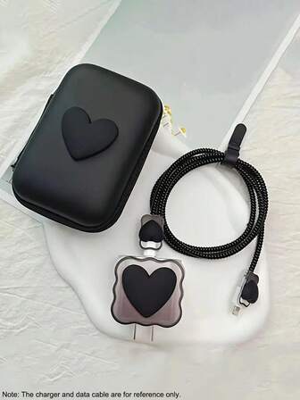 6 piezas Funda protectora de onda negra con amor + Caja de almacenamiento para cargador de teléfono de 18W/20W, Funda protectora para cable de datos para teléfono 13/12/11, Enrollador de carga rápida de 18/20W, Regalo para novio/novia