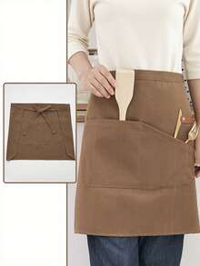1 pieza Delantal de cocina, delantal de chef para hombres y mujeres con bolsillos grandes, delantal de cintura con 2 bolsillos - Delantal corto negro para camareros y camareras, de lona con espalda cruzada, resistente y ajustable, para camareros, cocina, baño, hogar, proveedores domésticos
