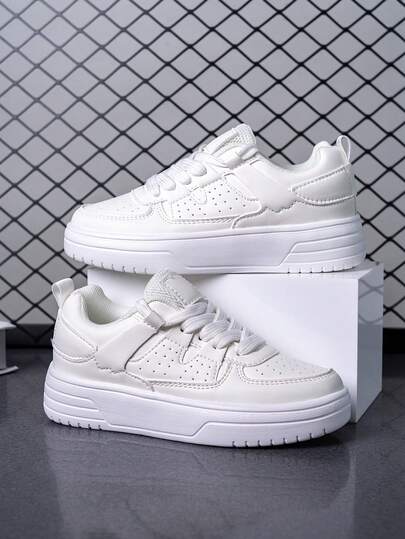 1 par de zapatos de skate de unicolor con cordones para adolescentes y niños grandes, zapatillas casuales para niños adecuadas para uso diario, campus, estudiantes, skateboarding, viajes y deportes