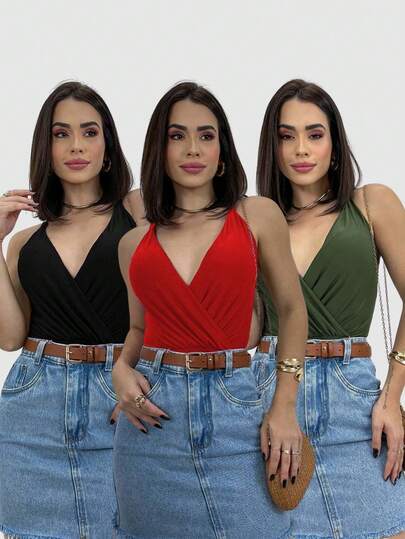 Kit 3 Body Blusa Feminino Suplex Regata Com Decote V Transpassado Sensual