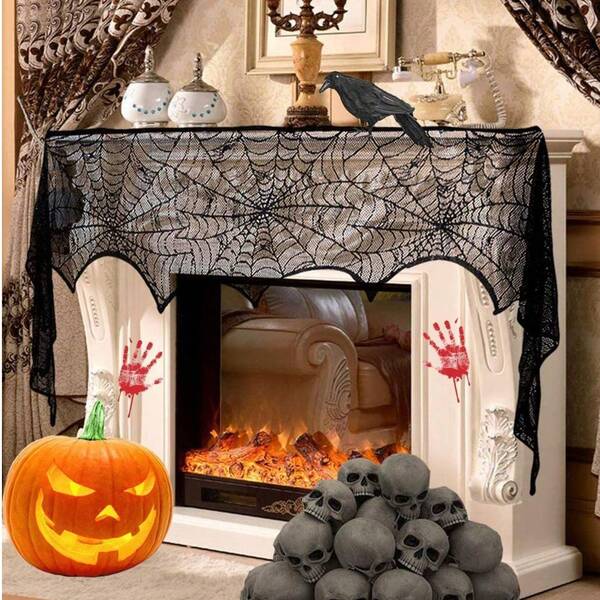 1pc Halloween Tablecloth Spider Web Fireplace Scarf Halloween Decoration, Halloween Home Party Supplies, Black Lace Spider Web Shawl 18x96 Inches