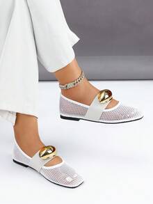 1 Par de Sapatilhas de Balé Francesas da Moda para Mulheres, Estilo Mary Jane, Plana, Sandálias com Recorte em Tela/Rede