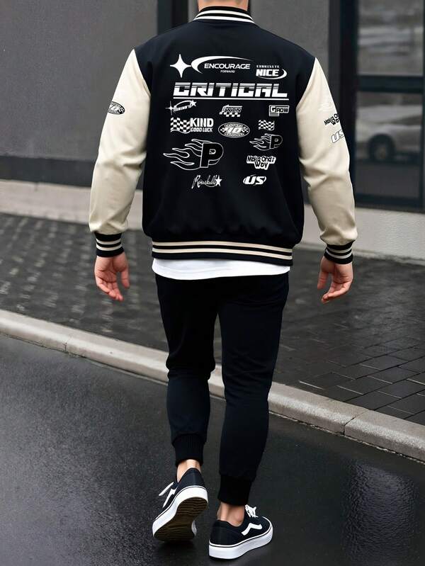 مجموعة ملابس رجالية - جاكيت جامعية من الفليس باللونين الأسود والمشمشي مع طباعات "US" و"KING" و"P" و"WIN" + بنطلون جوجر أسود ثابت - بدلة رياضية، ملابس كاجوال، طقم رياضي، طقم جاكيت، طقم خارجي مسمك، طقم جاكيت البيسبول، موضة الشارع الكلاسيكية للخريف والشتاء، هدية للرجال، هدية عيد
