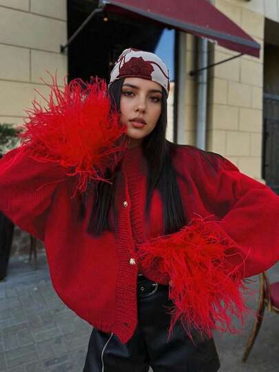 Christmas, New Year, Festive Women's Fashion Casual Red Front Furry Cuffs Holiday Red Valentine's Day Christmas Metal Button Round Neck Cardigan Top