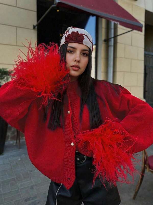 Christmas, New Year, Festive Women's Fashion Casual Red Front Furry Cuffs Holiday Red Valentine's Day Christmas Metal Button Round Neck Cardigan Top