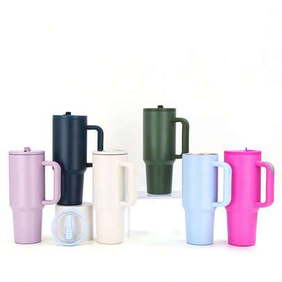 40盎司不锈钢玻璃杯，带吸管盖、防滑手柄和汽车杯架 - 34小时保冰，防漏旅行杯，适合健身房、工作、汽车