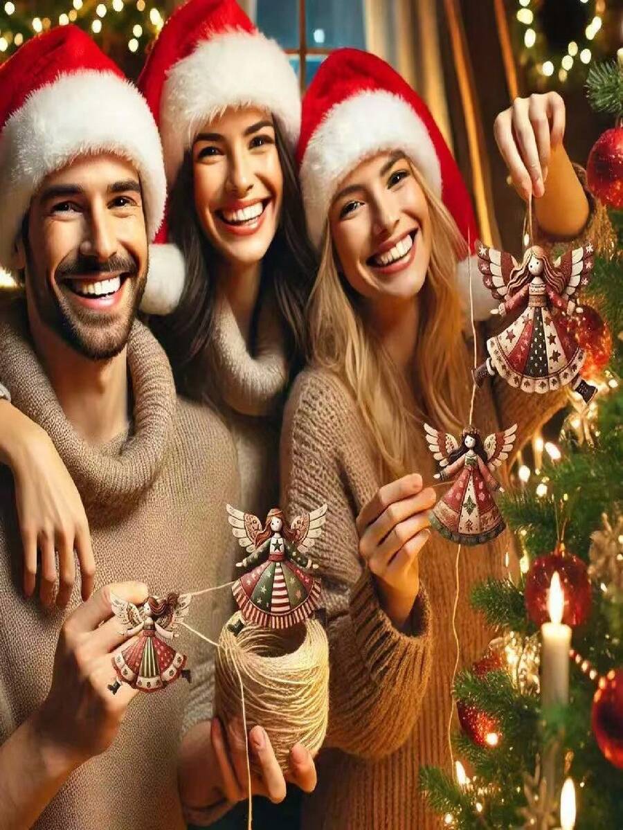 4pcs Christmas Wooden Flat Creative Retro Angel Doll Pendant Christmas Tree Pendant Decorative Pendant