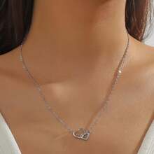 Hypoallergenic Delicate Shiny Silvery Double - Heart Rhinestone Necklace, Daily Matching Party Jewelry For Autumn & Winter, Valentine's Day Gift For Girlfriend, Claim My Daily Gift, Local Warehouse, - Slivery - View 5