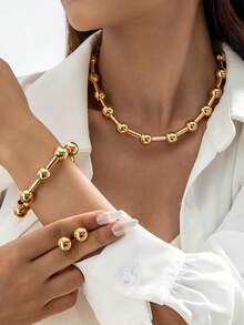 imoli 1 Set Minimalist Fashionable Gold-Tone CCB Beaded Curved Tube Niche Design Elegant Jewelry Set, Perfect Gift For Women To Wear Casually In Any Occasion