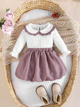 2 件女婴可爱彼得潘领长袖 T 恤和泡泡短裤套装，秋季服装