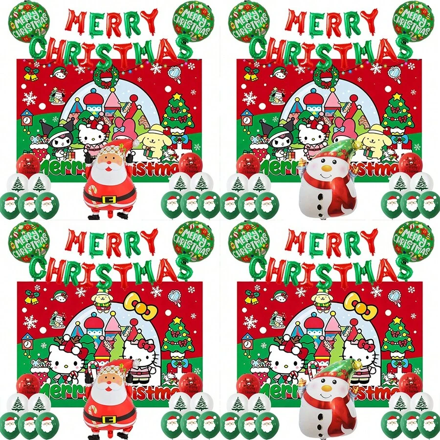Sanrio Balloon Set - Hello Kitty Cartoon Christmas Party Decorative Balloons, Kuromi Christmas Party Scene Props, Cinnamoroll Christmas Photo Backdrop Decorative Balloons, My Melody Christmas Atmosphere Balloons, PompomPurin Christmas Party Supplies