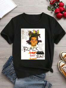 S' Basquiat-Style T-Shirts Black Tar Soap Design Featuring King Crown For Ladiesgraphic Tees Men Shirts Streetwear White Shirt Black Shirt - màu đen - Xem 2