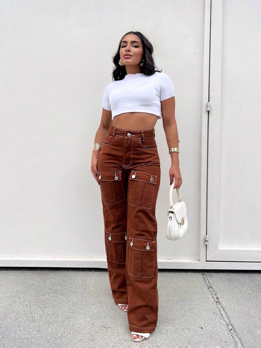 WOMEN'S CARGO PANTS With More Pockets Cargo Pants / Wide Leg Pants / Colorful Pants / Women's Street Fashion Pants Premium Cotton Fabric - 棕色 - 查看 1