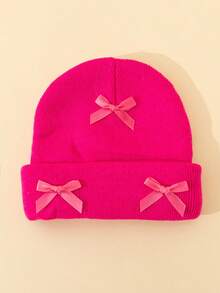 1pc Baby Girls' Knitted Beanie Hat With 3 Bows, Cute Infant Warm Knit Hat With Folded Brim, Elongated Winter Warm Baby Hat, Fashion Personalized Baby Warm Hat