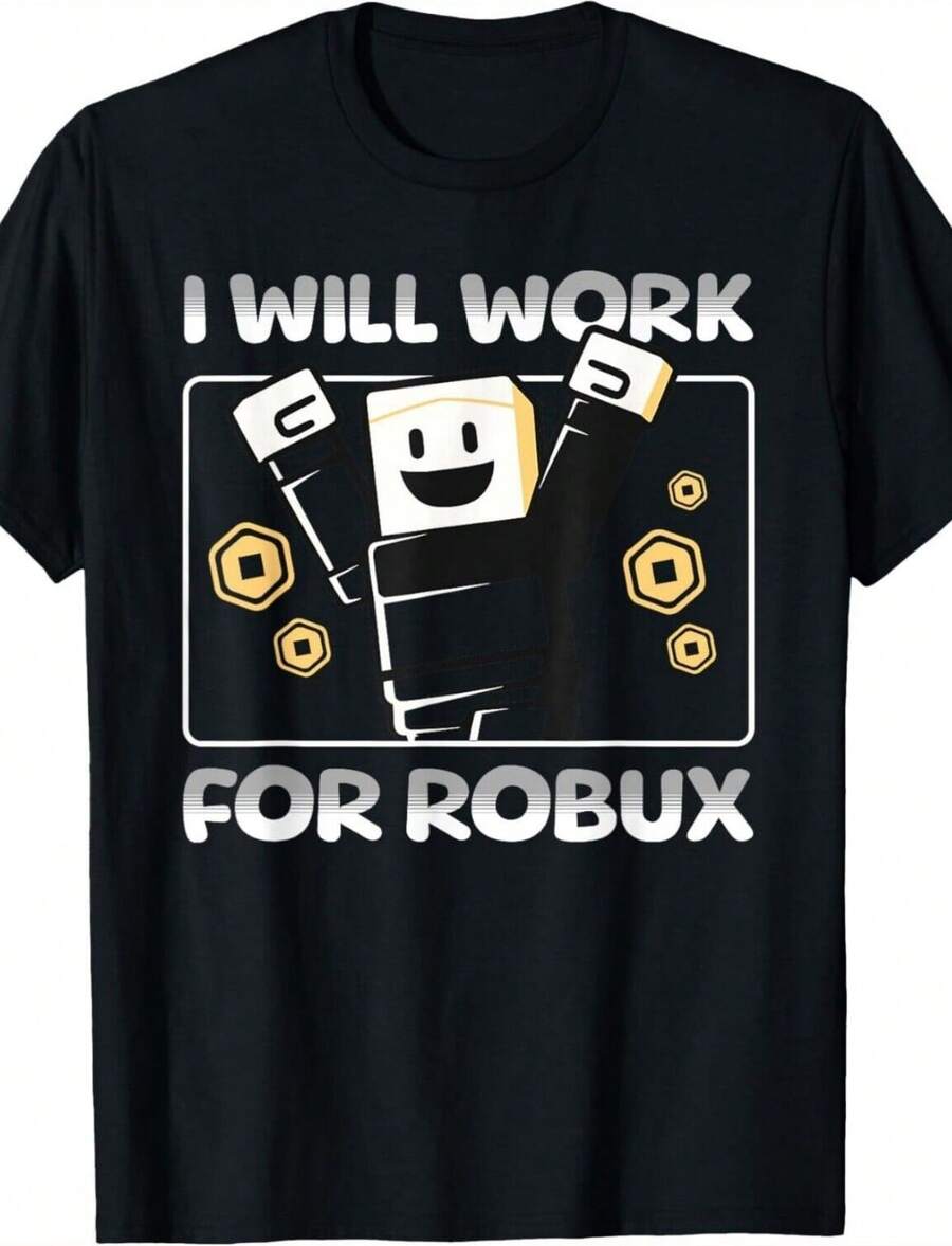I Will Work For Robux Funny Gamer Black Cotton T-Shirt - 黑色 - 查看 1