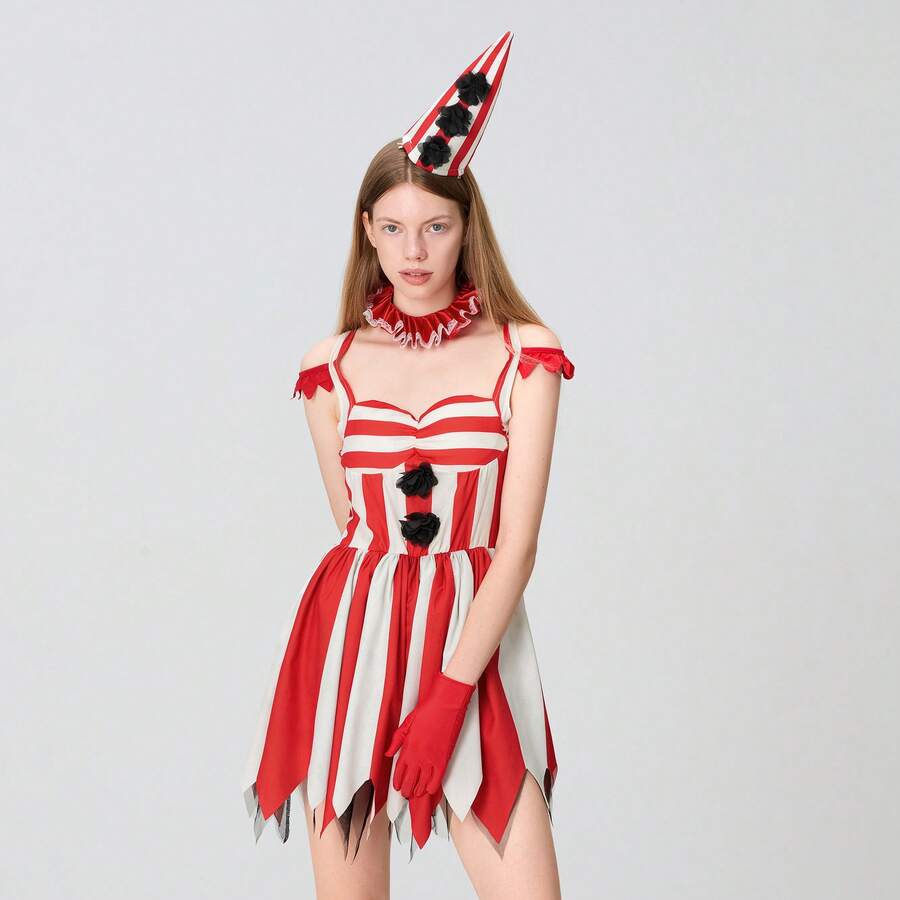 Women Creepy Clown Costume Set, Striped Cold Shoulder Mini Dress Hat Gloves Choker Cosplay Costume For Halloween Stage Party - 紅色 - 查看 1